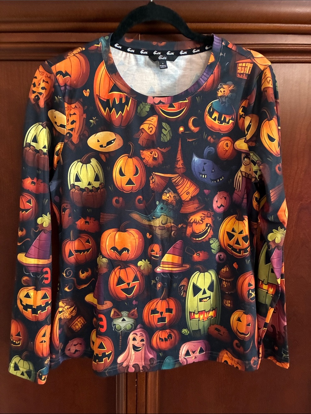 Halloween Pumpkin Print Long-Sleeve womens Top - Orange/Black